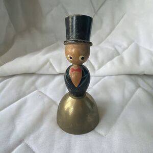 Vintage Figural Bell – Brass & Wood Gentleman with Top Hat – Japan – 5" Tall